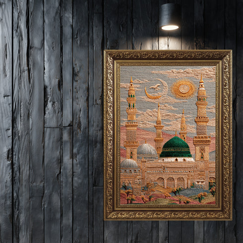 Mescid-i Nebevi Yeşil Kubbe Nakış İşlemeli Görünümlü Kanvas Tablo – Hilal ve Güneş Motifli İslami Duvar Dekoru, Dini Salon Tablosu