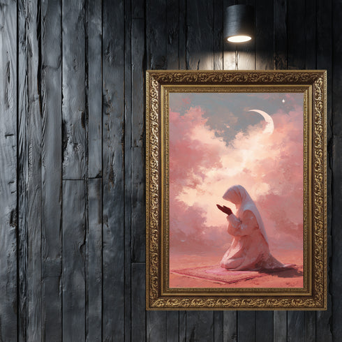 Hilal ve Pembe Bulutlar Altında Dua Eden Kadın Kanvas Tablo – Manevi Huzur Temalı İslami Duvar Dekoru, Dini Salon Tablosu