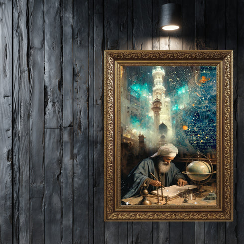 İslam Alimi ve Astronomi Çalışması Kanvas Tablo – Bilim ve İlim Temalı İslami Duvar Dekoru, Dini ve Manevi Sanat Eseri