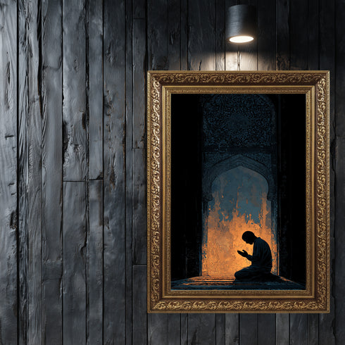 Mihrab Önünde Dua Eden Müslüman Silüeti Kanvas Tablo – Işık ve Gölge Temalı İslami Duvar Dekoru, Manevi ve Dini Salon Tablosu