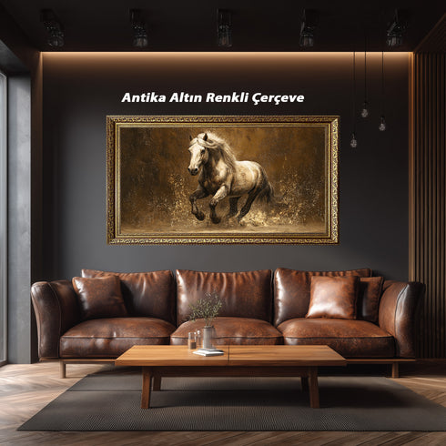 Koşan Beyaz At Tablosu Altın Bej Dokulu Arka Planlı Modern Kanvas Duvar Dekoru, Salon Ofis İçin Büyük Boy At Figürlü Tablo