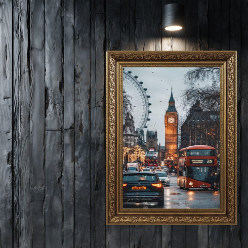 Londra Big Ben ve Kırmızı Otobüs Şehir Manzarası Sanat Baskısı, Yağmurlu Akşam Sokakları ve İkonik Şehir Duvar Dekoru Modern Ofis İçin