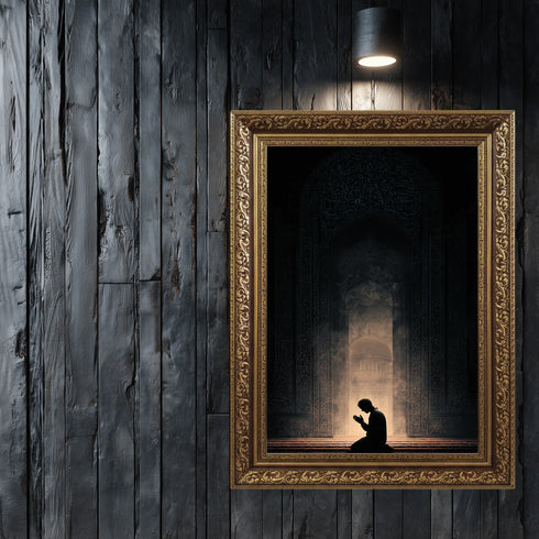 Kubbetüs Sahra Silüeti ve Dua Eden Mümin Kanvas Tablo – Işık ve Gölge Temalı İslami Duvar Dekoru, Dini Salon Tablosu