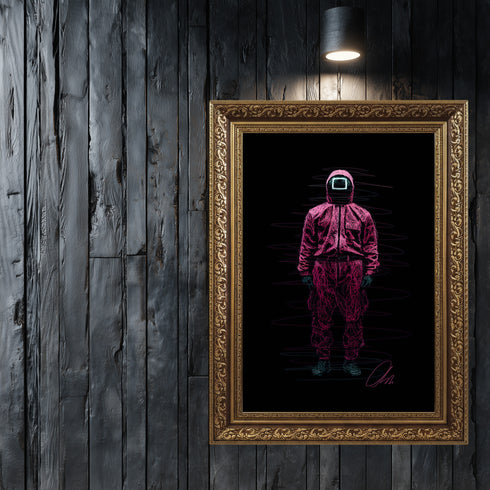Squid Game Pembe Asker (Kare Maske) Scribble Art Kanvas Tablo | Netflix Kore Dizisi Kanvas Tablo