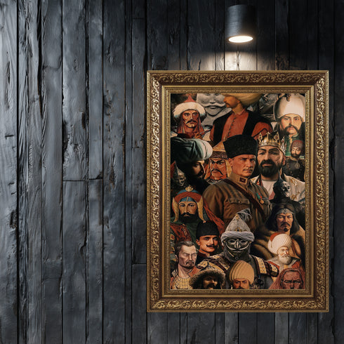 Türk ve Orta Asya Tarihi Liderler Kolaj Sanat Tablosu Poster, Alp Er Tunga’dan Osmanlı’ya Uzanan Epik Figürlü Duvar Sanatı