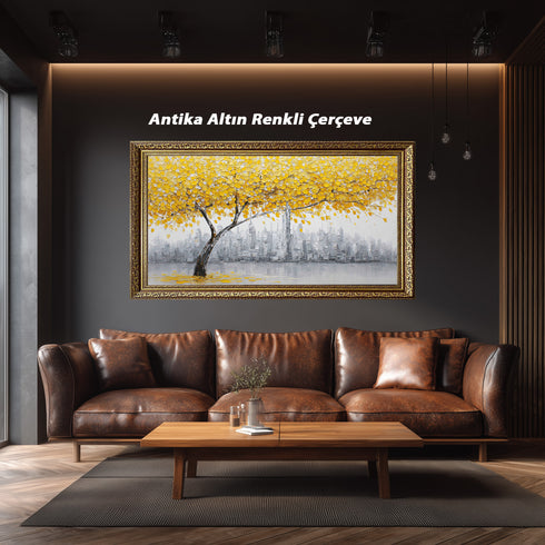 Sarı Yapraklı Ağaç ve Gri Şehir Manzarası Tablosu Modern Soyut Kanvas Duvar Dekoru Salon Ofis İçin Büyük Boy Tas