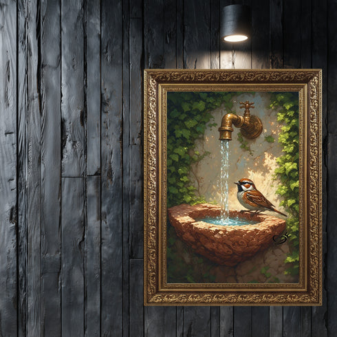 Taş Çeşme ve Serçe Kuşu Sanat Baskısı, Doğal Bahçe Sahnesi ve Akan Su ile Huzur Veren Masalsı Duvar Dekoru