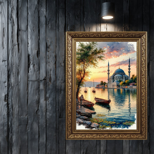 Gün Batımında Boğaz ve Tarihi Cami Manzarası Sanat Baskısı, İstanbul Temalı Suluboya Tablo ve Huzur Veren Klasik Duvar Dekoru