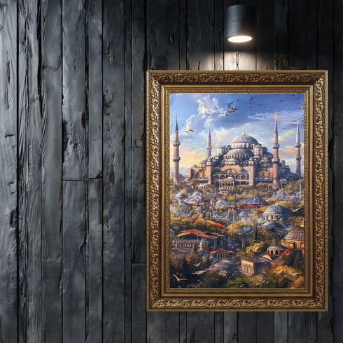 Ayasofya ve Tarihi İstanbul Silüeti Sanat Baskısı, Kubbe ve Minarelerle Osmanlı Mimarisi, Masalsı Şehir Manzarası Duvar Dekoru