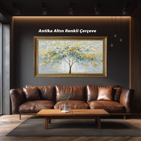 Modern Soyut Ağaç Tablosu Mavi Sarı Yapraklı Kanvas Duvar Dekoru, Salon Yatak Odası Büyük Boy Sanatsal Tablo