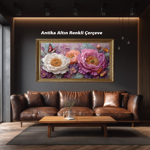 Pembe ve Beyaz Şakayık Çiçekli Kelebekli Tablo Romantik Vintage Kanvas Duvar Dekoru Salon Yatak Odası İçin Zarif Tasarım