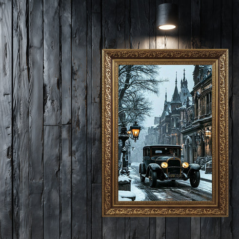 Karlı Sokakta Klasik Araba Sanat Baskısı, Gotik Mimarili Tarihi Şehirde Kış Atmosferi ve Vintage Duvar Dekoru