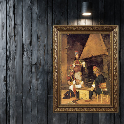 Tavla Oynayan Zeybekler, Osmanlı Dönemi Kıyafetleriyle Geleneksel Kahvehane Sahnesini Yansıtan Nostaljik Sanat Tablosu