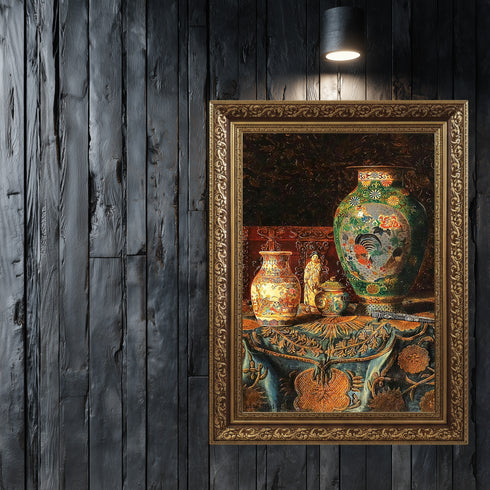 Eskitilmiş Çerçeveli Klasik Natürmort Sanat Tablosu Poster, Çin Porselen Vazolar ve Oryantal Desenli Kumaşlı Duvar Sanatı