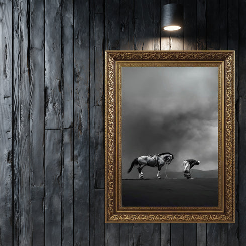 Namaz Kılan Müslüman ve At Silüeti Kanvas Tablo – Siyah Beyaz İslami Duvar Dekoru, Manevi ve Dini Anlamlı Salon Tablosu