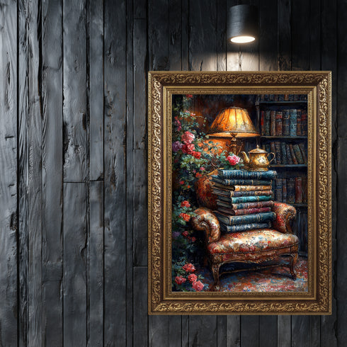 Kitaplarla Dolu Kütüphane Köşesi ve Çaydanlık Sanat Baskısı, Vintage Okuma Atmosferi, Çiçekli Klasik Koltuk ile Nostaljik Duvar Dekoru