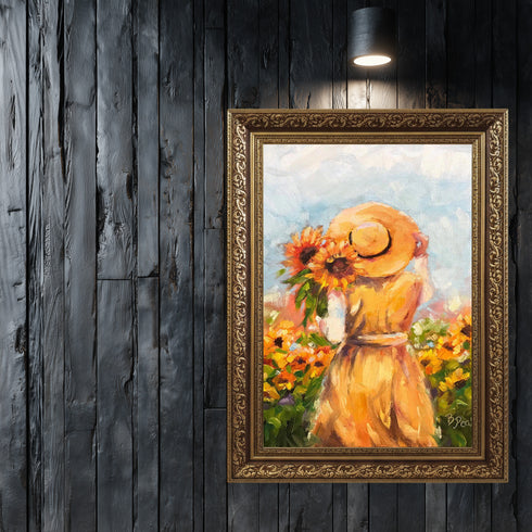 Ayçiçekleri Arasında Şapkalı Kadın, Yaz Esintili Romantik Kırsal Sahneyle Sıcak ve Huzur Veren Sanat Tablosu