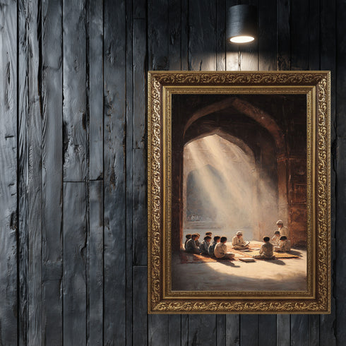 Kur’an Öğrenen Çocuklar Kanvas Tablo – Cami İçinde Manevi Eğitim Temalı İslami Duvar Dekoru, Dini ve Huzur Veren Salon Tablosu