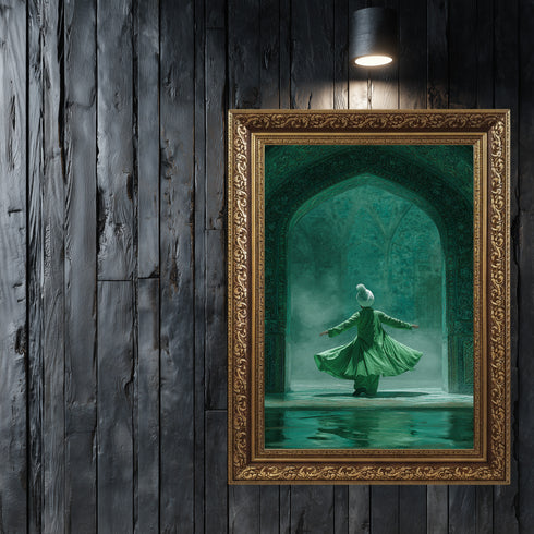 Semazen ve Tasavvuf Temalı İslami Kanvas Tablo – Yeşil Tonlu Manevi Atmosferli Dini Duvar Dekoru, Mevlevi Sanat Eseri