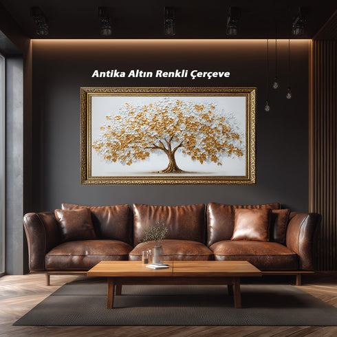 Altın ve Beyaz Çiçekli Hayat Ağacı Tablosu Kabartmalı Lüks Modern Kanvas Duvar Dekoru Salon Yatak Odası İçin Büyük Boy Tasarım