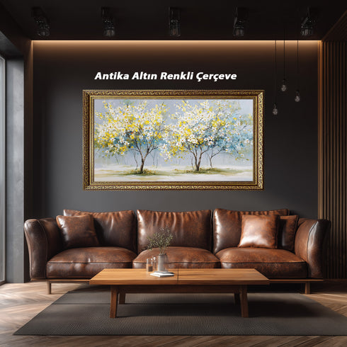 Sarı Beyaz Çiçekli Ağaç Tablosu Modern Soyut Kanvas Duvar Dekoru, Salon Yatak Odası İçin Büyük Boy Manzara Tablo