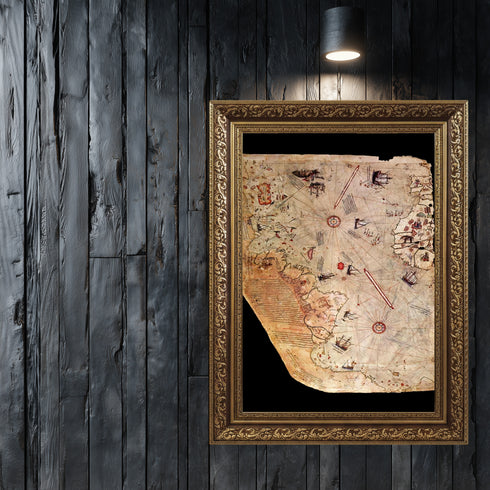 Piri Reis Tarihi Deniz Haritası ve Keşif Roteleri, Antik Kartografya Detaylarıyla Oryantal ve Nostaljik Dünya Haritası Sanat Eseri