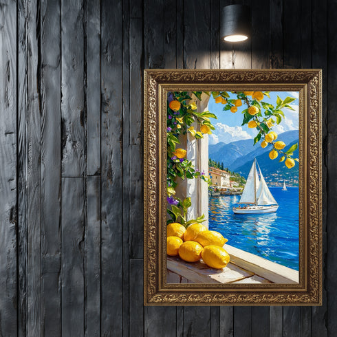 Limon Ağaçları ve Mavi Deniz Manzarası Sanat Baskısı, Akdeniz Sahilinde Yelkenli Tekne ile Yaz Esintili Duvar Dekoru