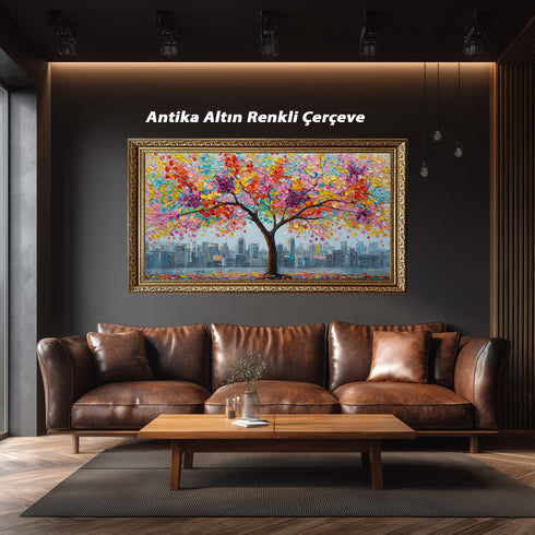 Renkli Çiçekli Ağaç ve Şehir Manzarası Tablosu Modern Soyut Kanvas Duvar Dekoru, Salon Ofis İçin Büyük Boy Sanatsal Tablo
