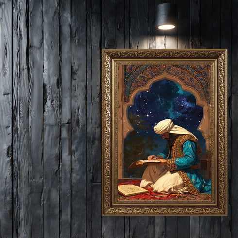 Kur’an-ı Kerim Okuyan Alim Kanvas Tablo – Gece Yıldızlı Gökyüzü Temalı İslami Duvar Dekoru, Dini ve Manevi Sanat Eseri