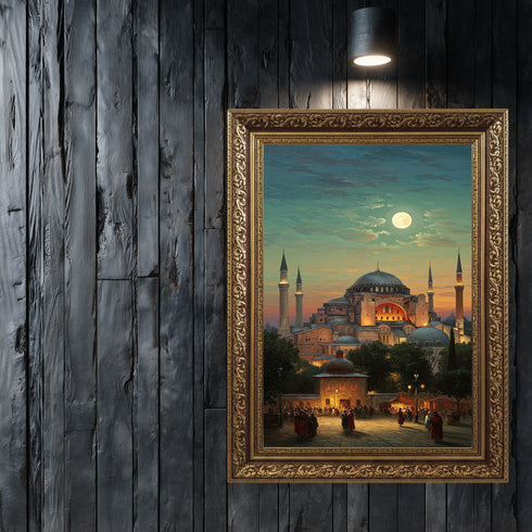 Ayasofya Camii Dolunay Manzaralı Kanvas Tablo – İstanbul Temalı İslami Duvar Dekoru, Dini ve Tarihi Atmosferli Salon Tablosu
