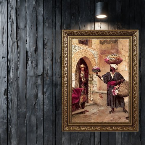 Oryantal Günlük Yaşam Sahnesi Sanat Tablosu Poster, Çiçek Satıcısı ve Osmanlı Mimarisinde Kadın Figürlü Klasik Duvar Sanatı