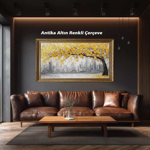 Sarı Çiçekli Ağaç ve Gri Şehir Silüeti Tablosu Modern Soyut Kanvas Duvar Dekoru Salon Ofis İçin Büyük Boy Şık Tasarım