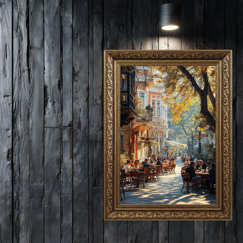Sonbaharda İstanbul Kafe Sokağı Sanat Baskısı, Tarihi Binalar Arasında Gün Işığı ve Nostaljik Şehir Yaşamı Duvar Dekoru