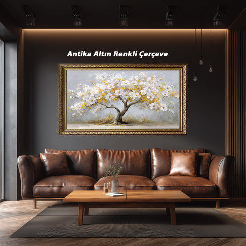 Beyaz Çiçekli ve Altın Yapraklı Ağaç Tablosu Modern Kanvas Duvar Dekoru, Salon Yatak Odası İçin Büyük Boy Şık Tablo