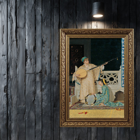 Oryantal Müzik Sahnesi Sanat Tablosu Poster, Osmanlı Dönemi Ud ve Def Çalan Kadınlar ile Klasik Doğu Temalı Duvar Sanatı Baskısı