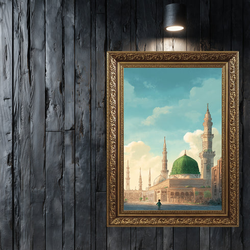 Mescid-i Nebevi ve Yeşil Kubbe Manzaralı Kanvas Tablo – Medine İslami Duvar Dekoru, Dini Mimari Temalı Salon ve Ofis Tablosu