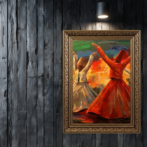 Semazenlerin Sema Dönüşü, Canlı Renklerle Tasvir Edilmiş Tasavvufi Ritüel ve Manevi Derinlik Taşıyan Modern Sanat Tablosu