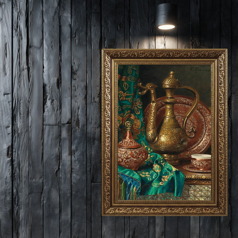 Oryantal Natürmort Sanat Tablosu Poster, Osmanlı İbriği Kahve Fincanı ve İşlemeli Kumaşlı Klasik Doğu Temalı Duvar Sanatı