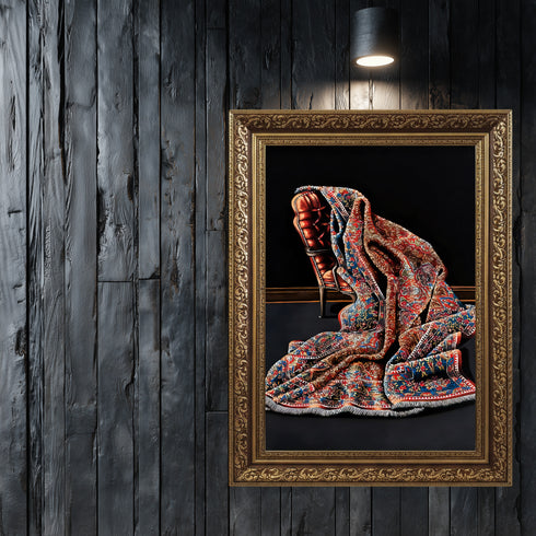 Modern Soyut Natürmort Sanat Tablosu Poster, Desenli Kumaş ve Klasik Koltuk Detaylı Lüks Dekoratif Duvar Sanatı Baskısı