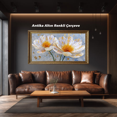 Altın Varaklı Beyaz Çiçekler Tablosu Modern Soyut Kanvas Duvar Dekoru Salon Yatak Odası İçin Büyük Boy Lüks Çiçek Tablo