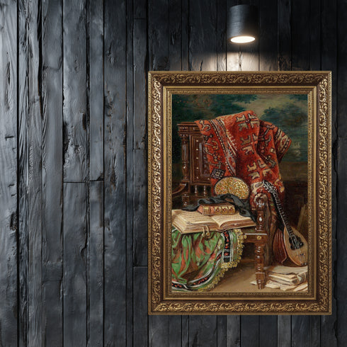 Oryantal Sandalye ve Ud ile Klasik Natürmort Sanat Baskısı, El Yazması Kitaplar ve Kilim Desenleriyle Tarihi Duvar Dekoru