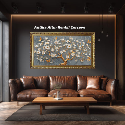 Gri Mermer Zeminli Altın Dallı Beyaz Çiçekli Ağaç Tablosu Kelebekli Lüks Modern Kanvas Duvar Dekoru Salon İçin Şık Tasarım