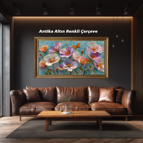 Turkuaz Zeminli Renkli Çiçekler ve Kelebek Tablosu Modern Soyut Kanvas Duvar Dekoru Salon Yatak Odası İçin Canlı Tasarım