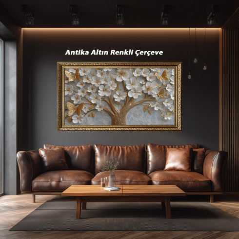 Altın Kelebekli Beyaz Çiçekli Ağaç Tablosu Kabartmalı Lüks Modern Kanvas Duvar Dekoru, Salon Yatak Odası İçin Şık Tablo