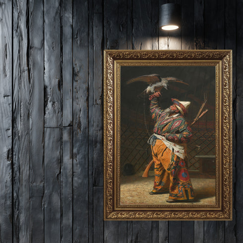 Oryantal Avcı Figürü Sanat Tablosu Poster, Şahinli Osmanlı Av Sahnesi ile Geleneksel Doğu Temalı Klasik Duvar Sanatı Baskısı