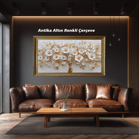 Altın Dallı Beyaz Çiçekli Ağaç Tablosu Lüks Kabartmalı Modern Kanvas Duvar Dekoru, Salon Yatak Odası İçin Büyük Boy Tablo