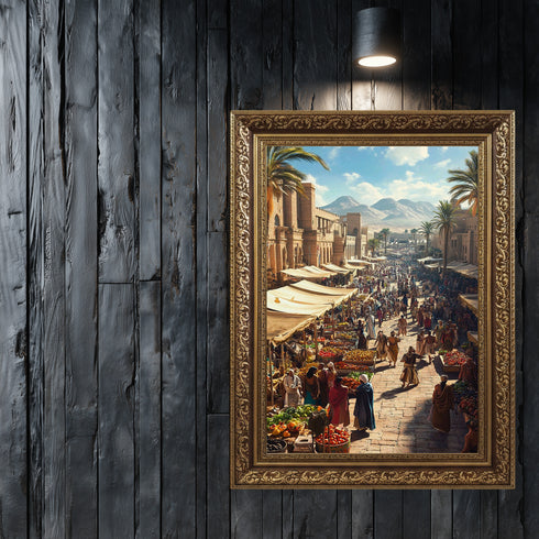 Antik Doğu Pazarı Manzarası Sanat Tablosu Poster, Palmiye Ağaçları ve Tarihi Mimari Arasında Canlı Oryantal Çarşı Sahnesi Duvar Sanatı