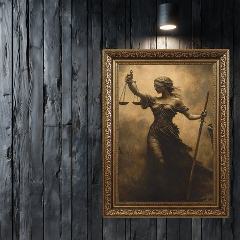 Adalet Tanrıçası Themis Sanat Baskısı, Kör Adalet ve Terazi Sembolüyle Güçlü Mitolojik Figür, Klasik ve Dramatik Duvar Dekoru