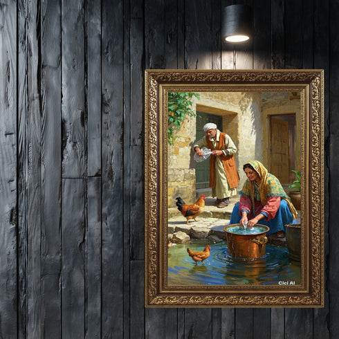 Geleneksel Köy Yaşamı Suluboya Sanat Baskısı, Anadolu Günlük Hayat Sahnesi, Tavuklar ve Taş Evlerle Nostaljik Duvar Dekoru
