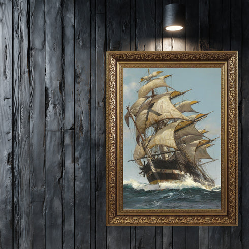 Fırtınalı Denizde Yelkenli Gemi Suluboya Sanat Baskısı, Denizcilik ve Macera Temalı Klasik Tablo Duvar Dekoru
